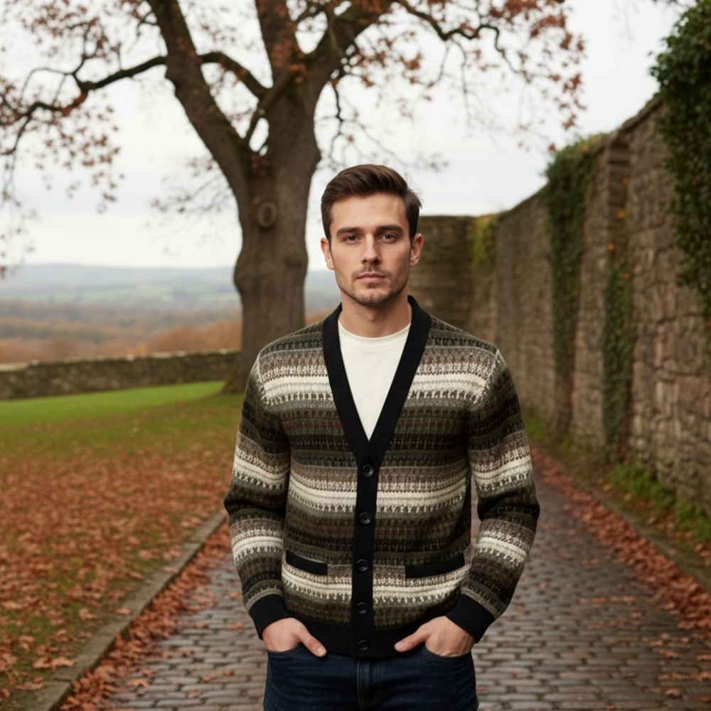 Mens Unisex J Crew Wool Fair Isle Cardigan Sweater Small brown V neck stripe tan - Picture 5 of 16